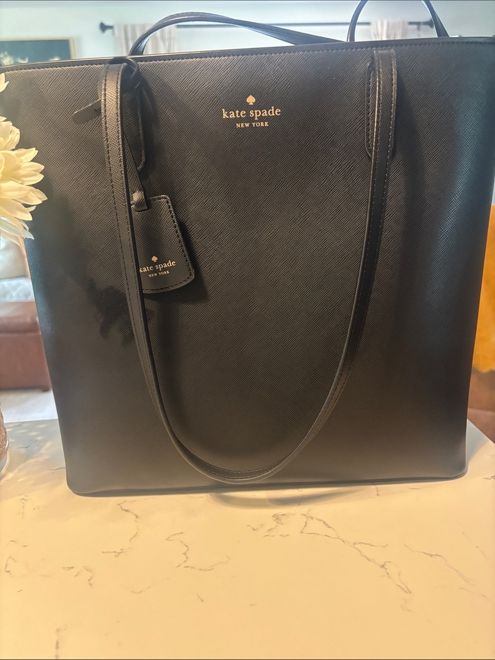 kate spade Black Saffiano Leather Structured Tote with Luggage Tag